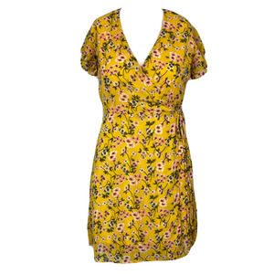 Harper Heritage Dress Womens Sz S Yellow Floral Chiffon Flutter Sleeve Wrap Mini